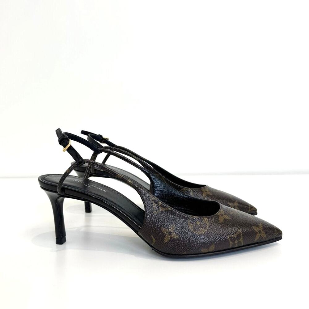 LOUIS VUITTON Brown LV Monogram Slingback Pumps 38 Pointed Toe Canvas Logo Heels